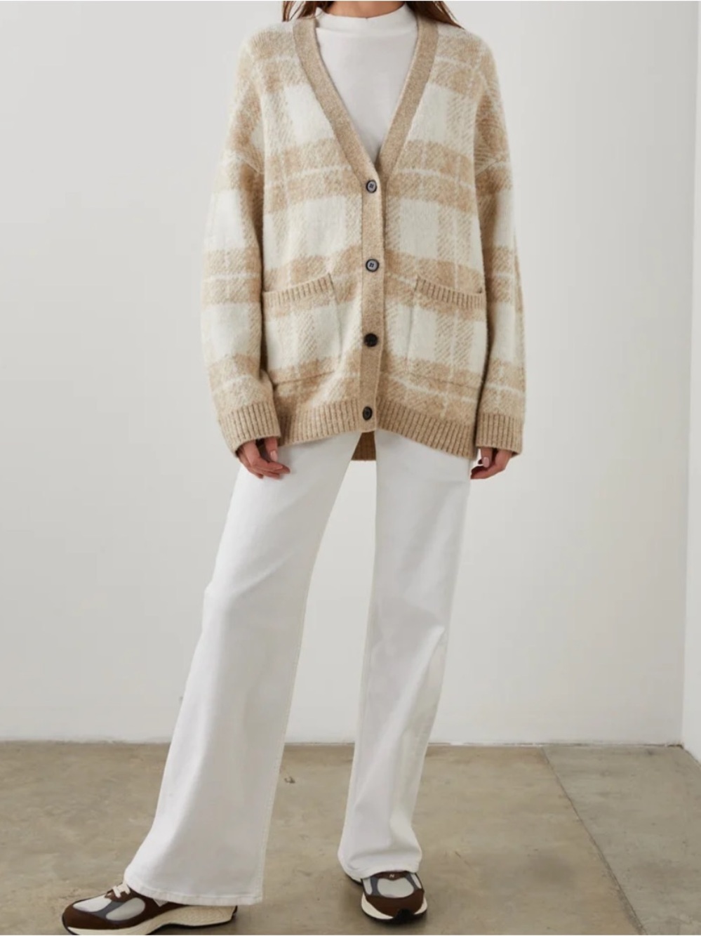 Rails Plaid Button-Front Cardigan in Ivory and Sand